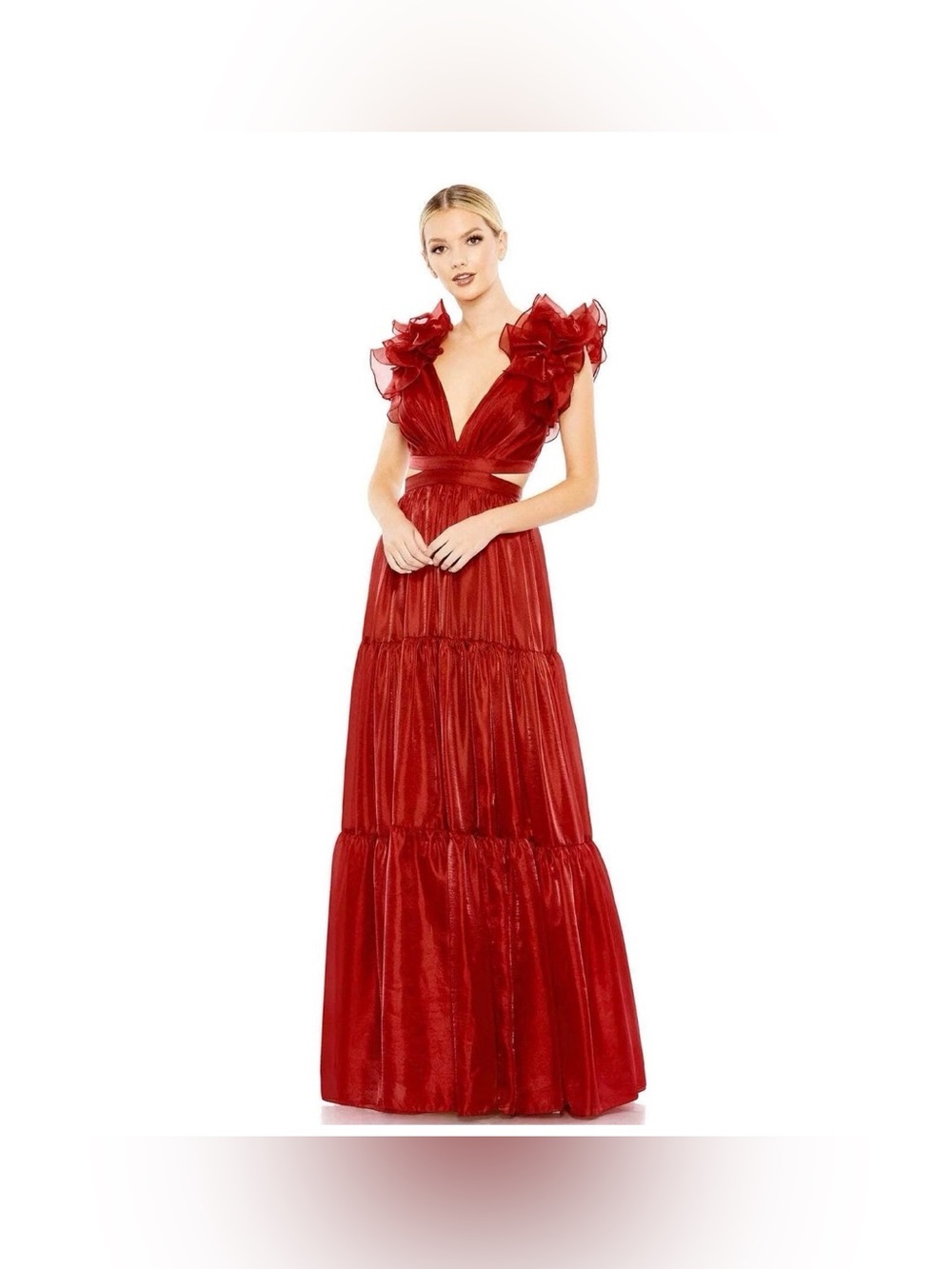 Mac Duggal 49528 Ruffled Shoulder Tiered Evening Dress Wine Red Size 6 NWT $598